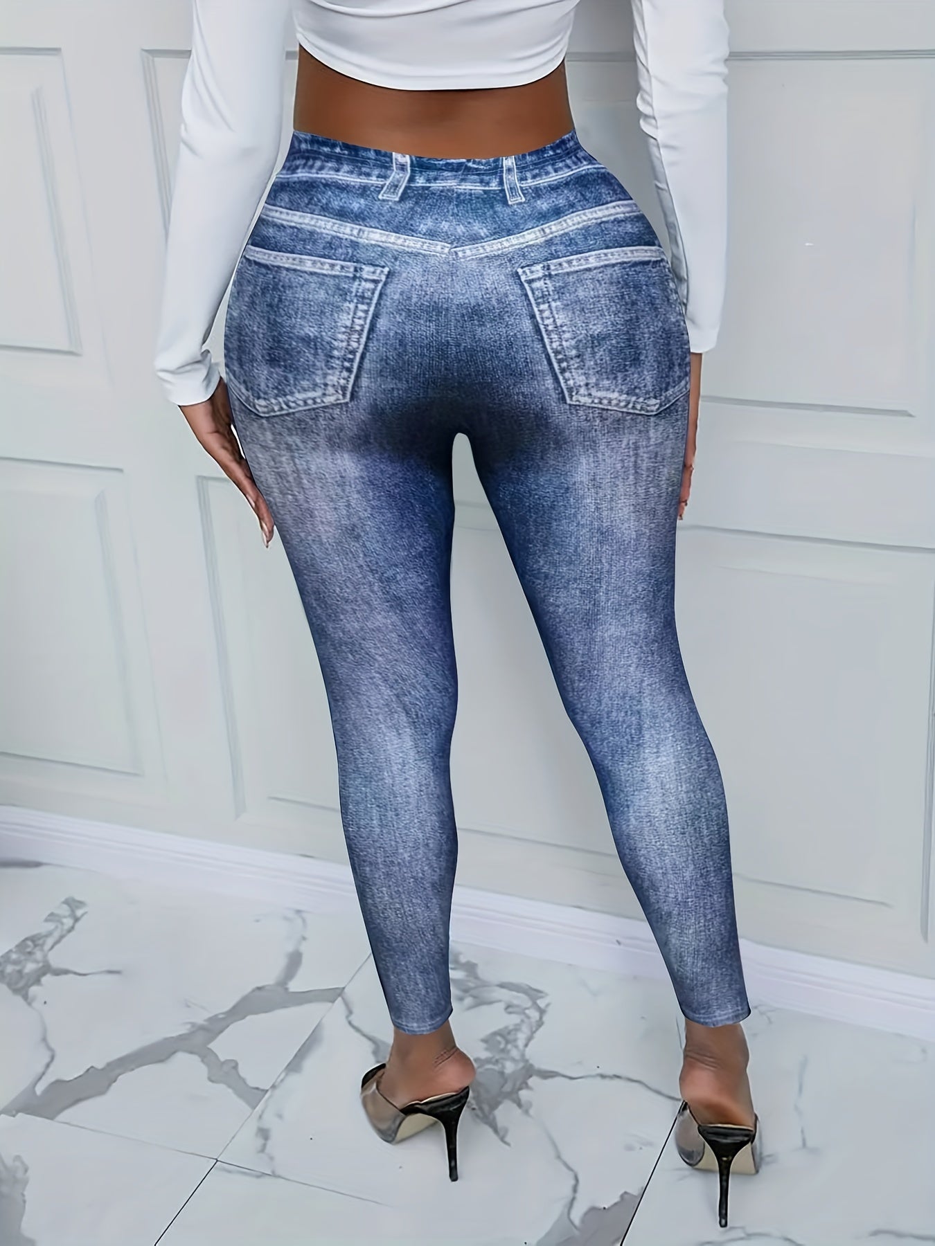 Denim Print Skinny Leggings Long Casual Pants