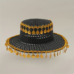 Boho Tassel Sun Hat Flat Top Crochet Straw Hat Mesh Beach Hats