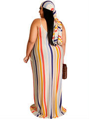 Colorful Striped Loose Fit Cami Dress With Belt Women's Plus Long Dress