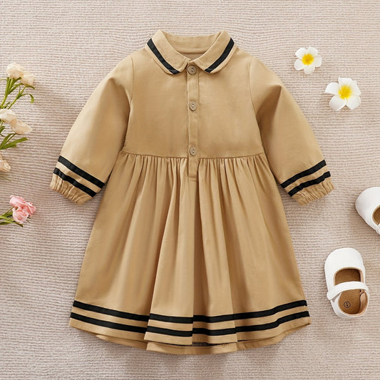 Striped Lapel Long Sleeve Baby Girls Dress