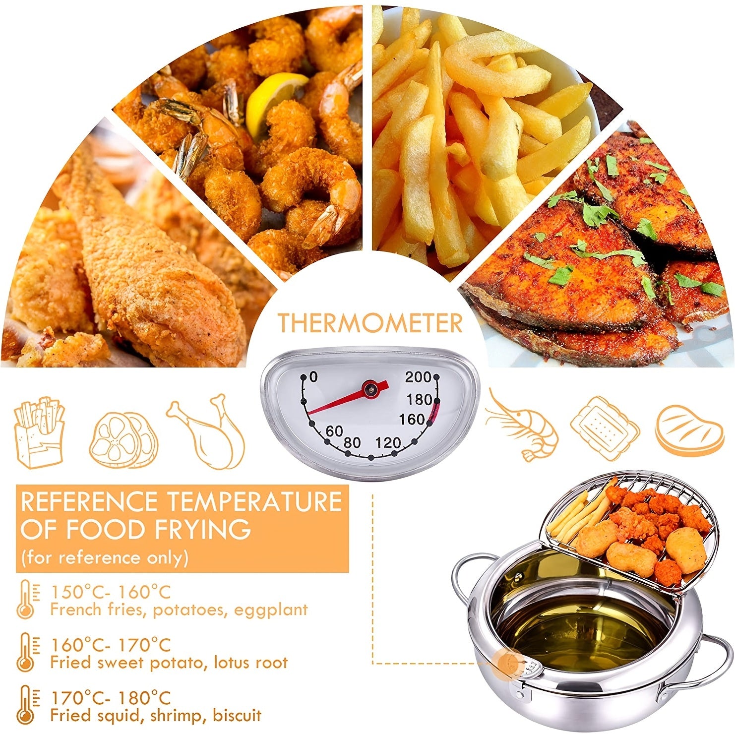 Japanese Tempura Fryer with Thermometer - Stainless Steel