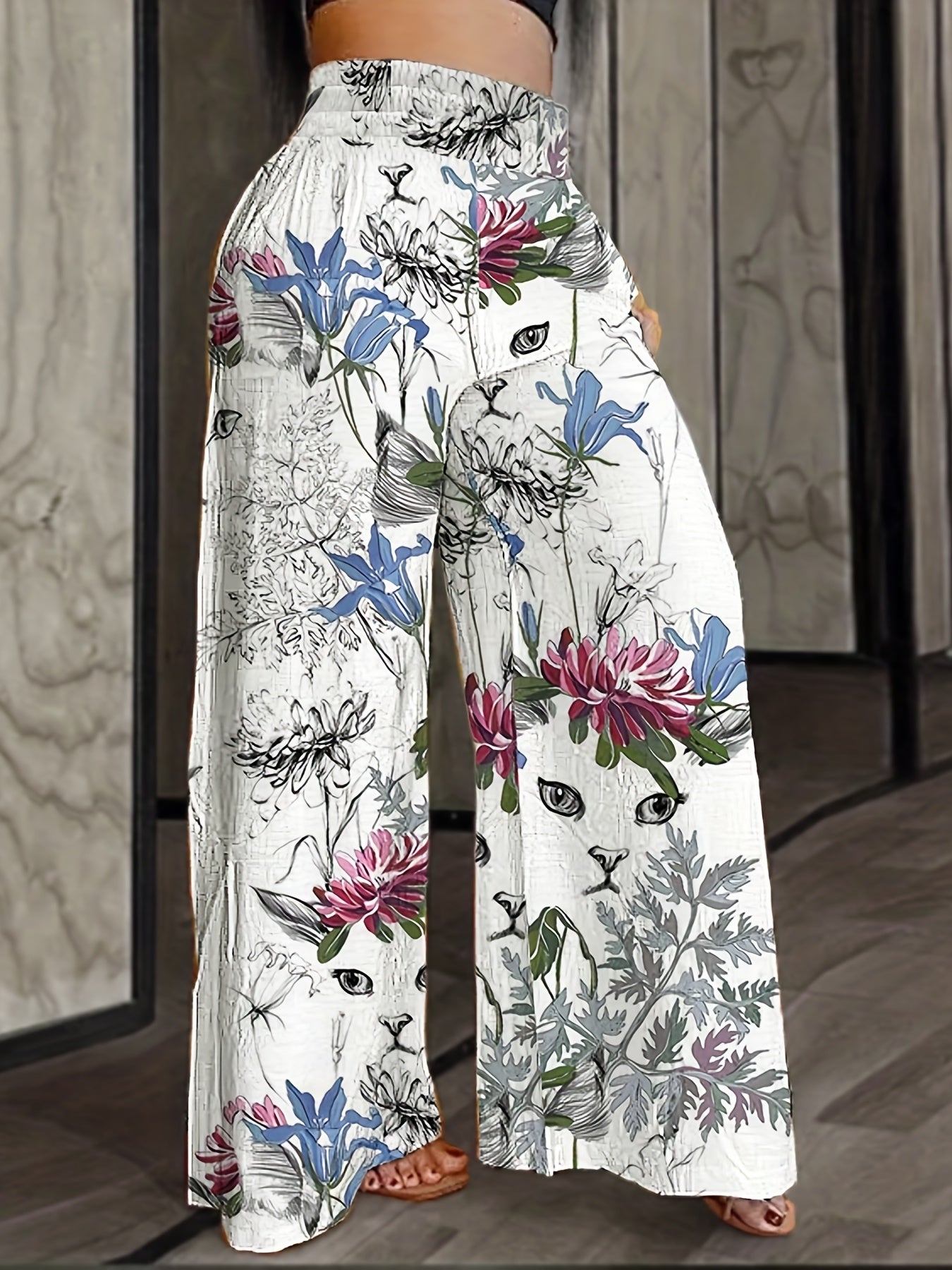  Abstract Figure Print High Waist Wide Leg Loose Pants