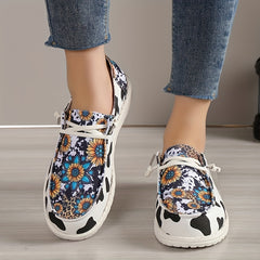 Cow Print Flat Canvas Shoes Sunflower Lace Up Sneakers