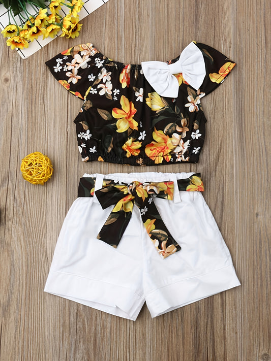 Baby Girls Floral Print Off Shoulder Top & Shorts Set