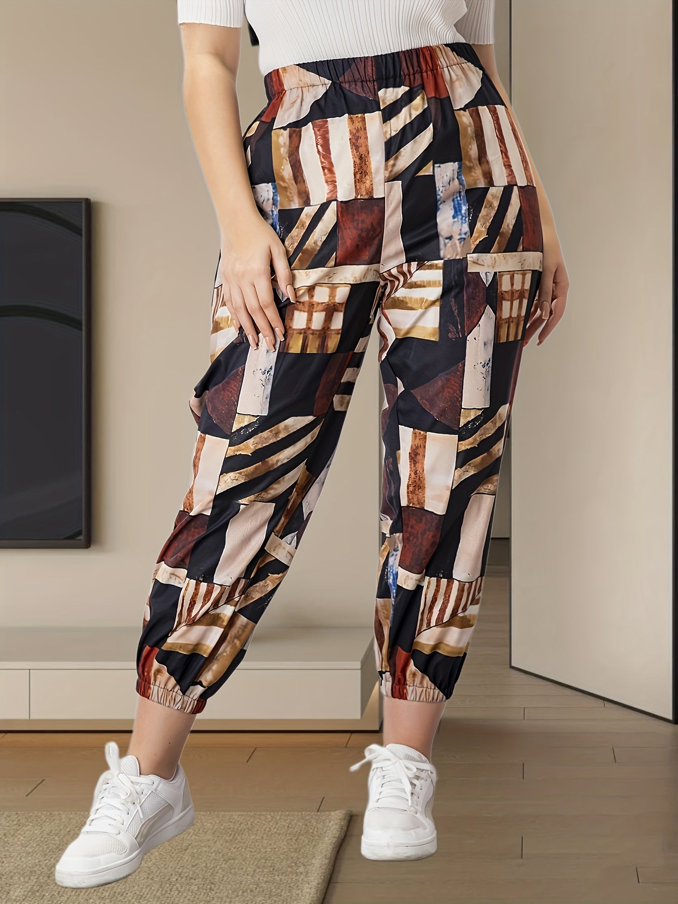  Colorblock Print Elastic Tapered Leg Pants