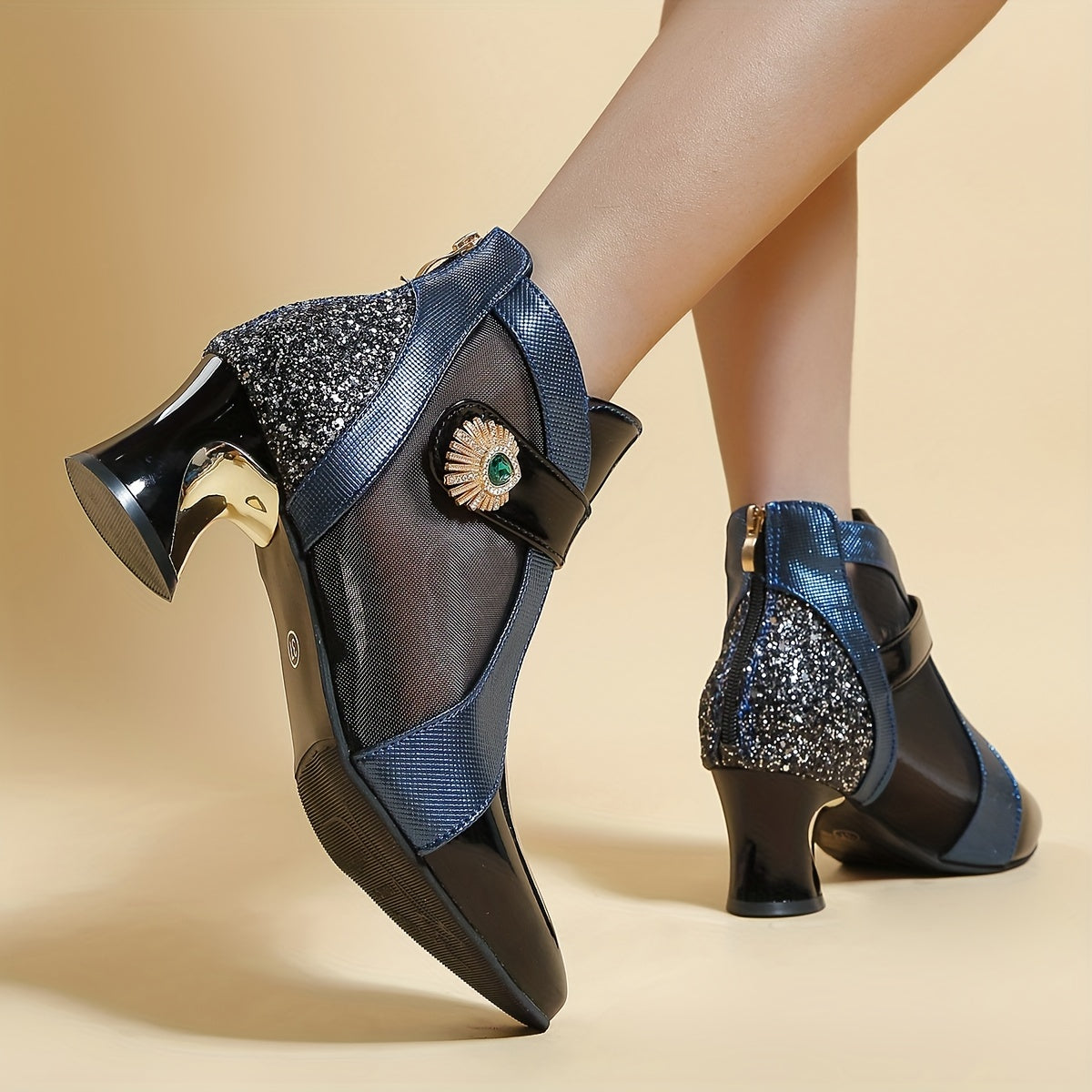 Rhinestone Mesh Ankle Boots French Heel Pointed Toe Sandals