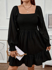  Solid Lantern Sleeve Square Neck Ruffle Dress