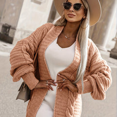  Solid Cable Lantern Sleeve Open Front Cardigan