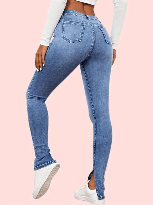 High Waist Skinny Jeans Split High Rise Slim Fit Slash Pockets Denim Pants