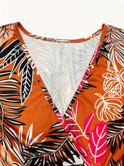Plus Size Leaf Print Long Sleeve Maxi Dress