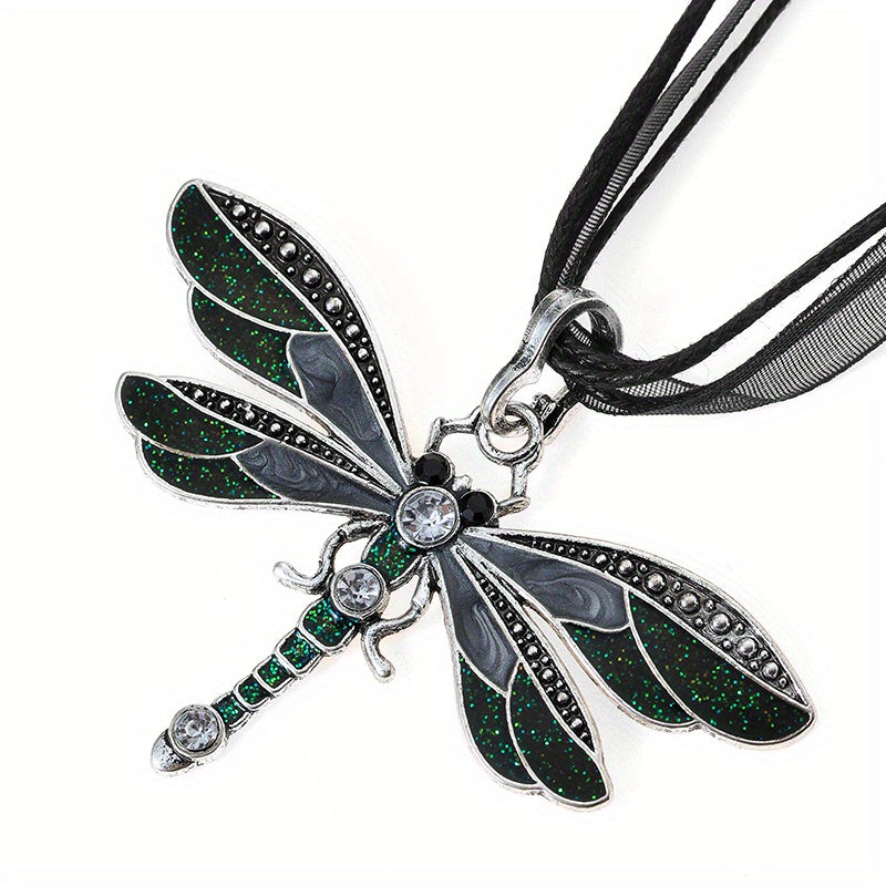 Crystal Dragonfly Ribbon Pendant Necklace For Women