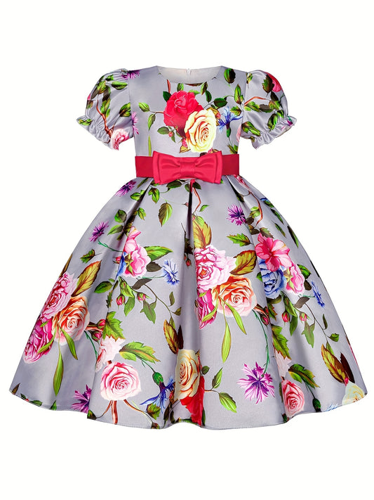 Floral Bowknot Puff Sleeves Princess Dress for Dance Party