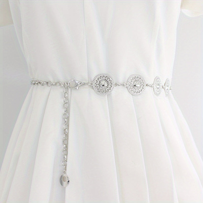 Women's Metal Chain Decoration Dress Belt Hollow Out Leaf Bead Pendant