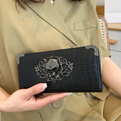 Crocodile Pattern Wallet Faux Leather Credit Card Organizer with Skull Decor