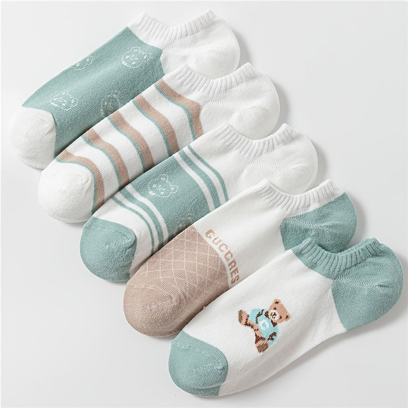 5 Pairs Cartoon Bear Print Ankle Socks Women's Stockings