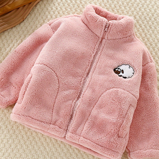 Girls Warm Sheep Embroidery Fleece Jacket For Fall Winter