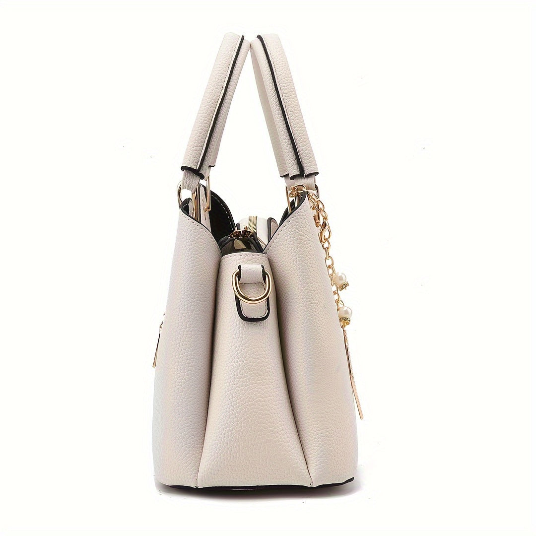 Textured Solid Handbag with Detachable Leaf Pendant