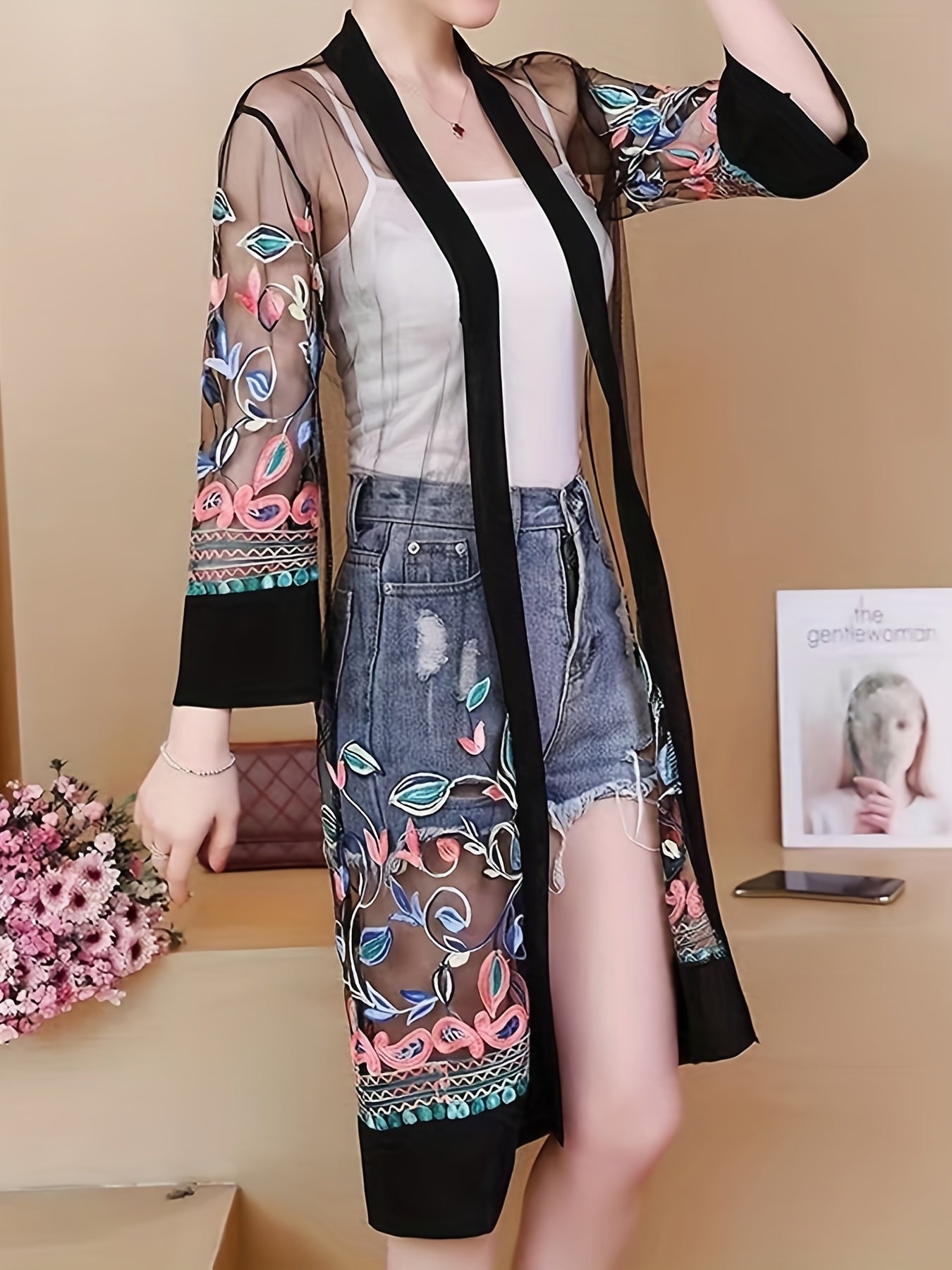Floral Embroidered Sheer Cover Up Shirt Loose Fit Kimono