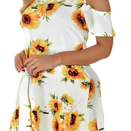 Women's Plus Sunflower Print Cold Shoulder Dress