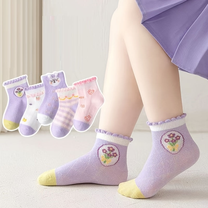Girls Ruffled Flower Print Knit Socks Cartoon Mesh Breathable Socks