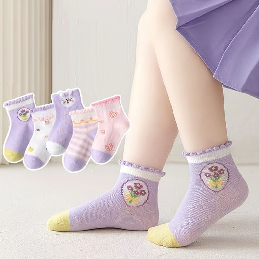 Girls Ruffled Flower Print Knit Socks Cartoon Mesh Breathable Socks