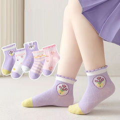 Girls Ruffled Flower Print Knit Socks Cartoon Mesh Breathable Socks