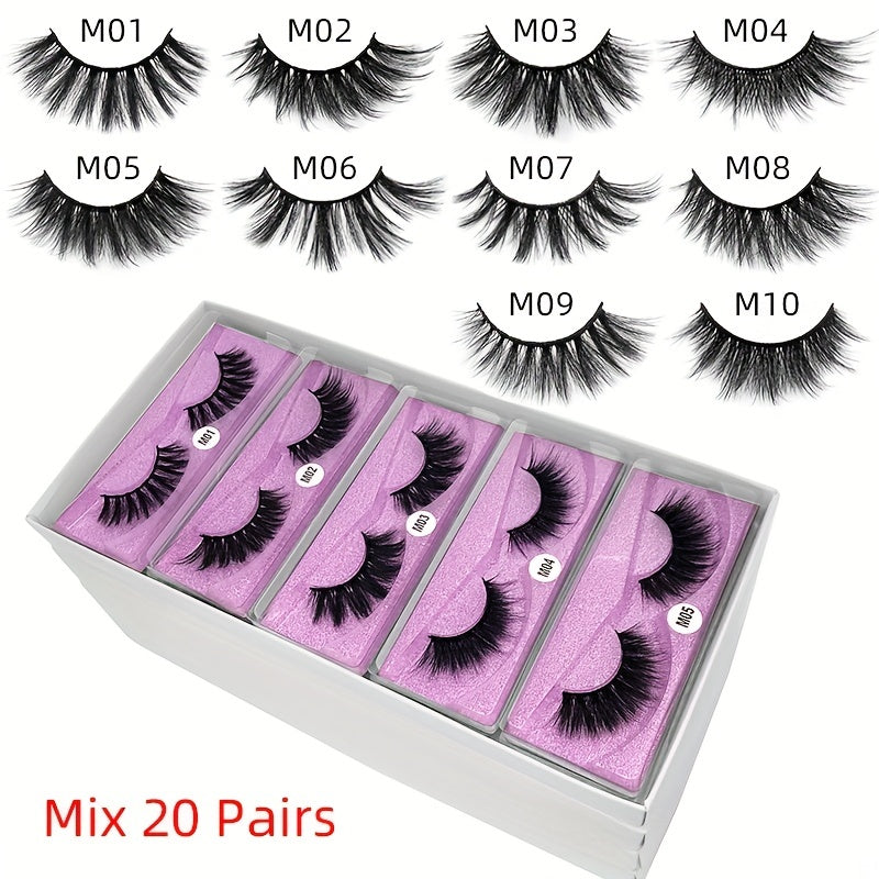 20 Pairs 3D False Eyelashes Set with Purple Glitter Long Extension Makeup Lashes