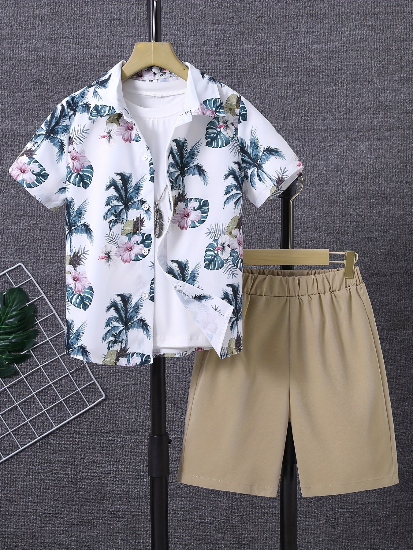 Boys Flower & Leaf Print Casual Outfit Shirt & Shorts Set