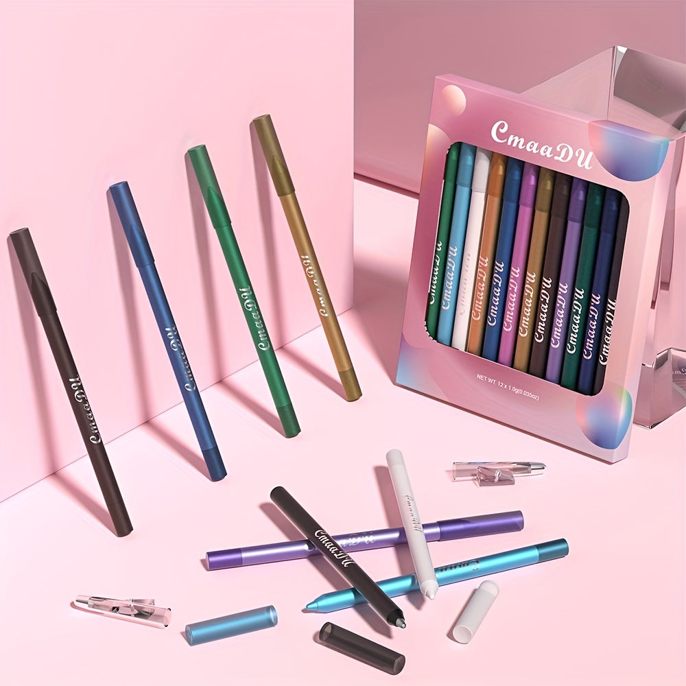 12 Colorful Metallic Eyeliner Pens Long Lasting Waterproof Stick