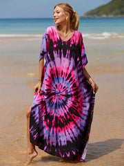  Tie Dye Bat Sleeve V Neck Cover Up Dress