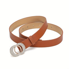 Artificial Diamond Double Round Buckle Leather Belt