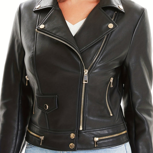 Faux Leather Moto Jacket Solid Outerwear Women's Clothing