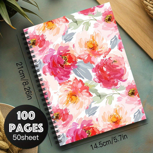 Watercolor Spiral Notebook Pink Peach Flower Lined Pages