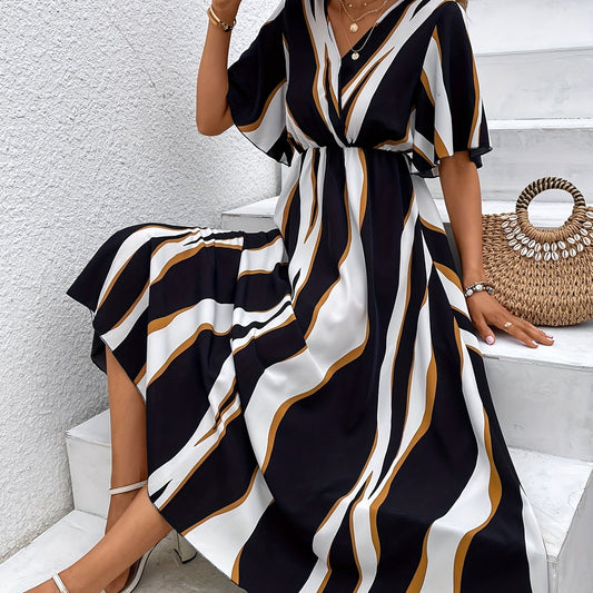 Wavy Stripe Print Dress V Neck Half Sleeve High Waist Dress