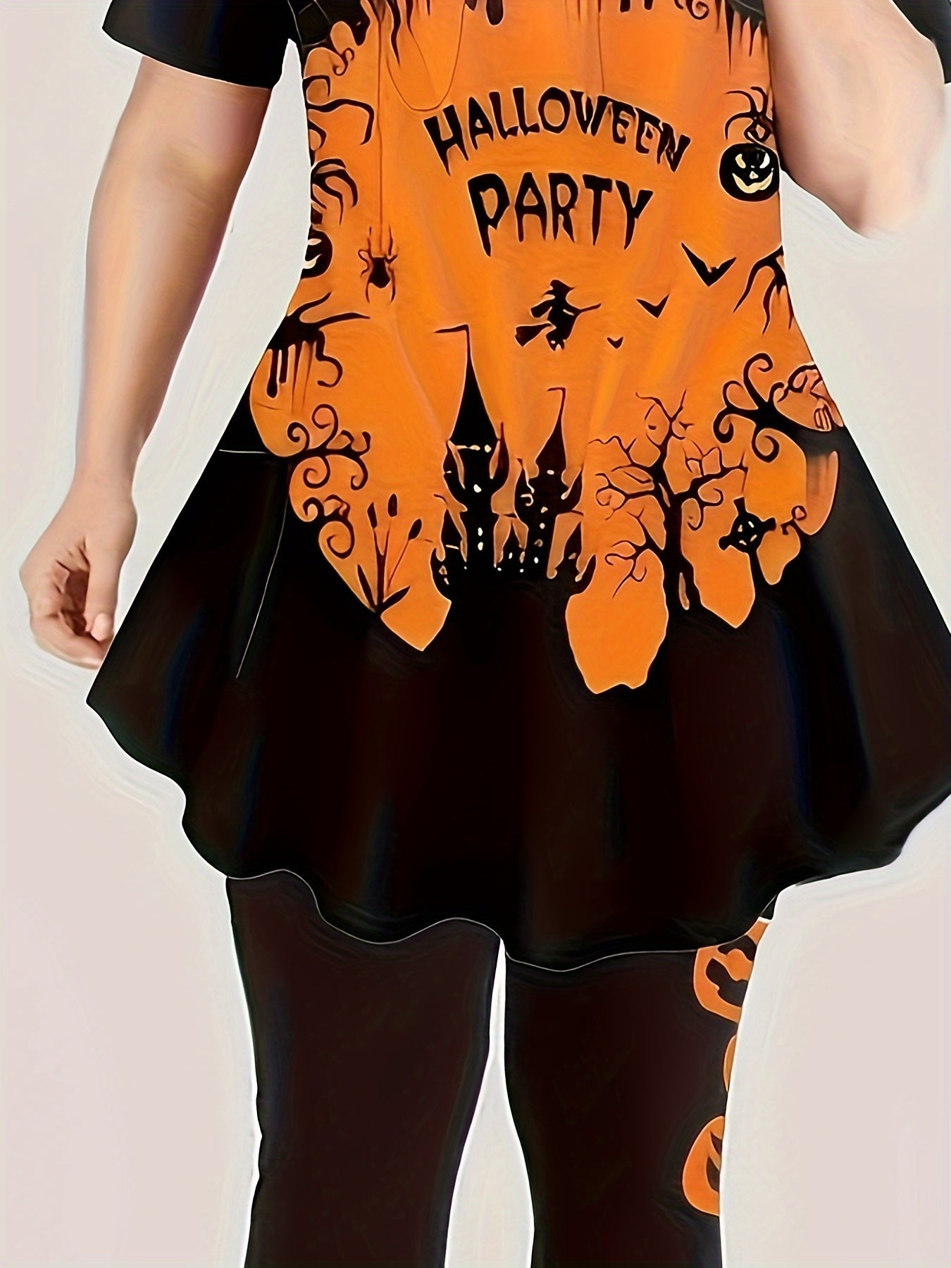  Halloween Gothic Outfits Set Women's Plus Pumpkin & Bat Print