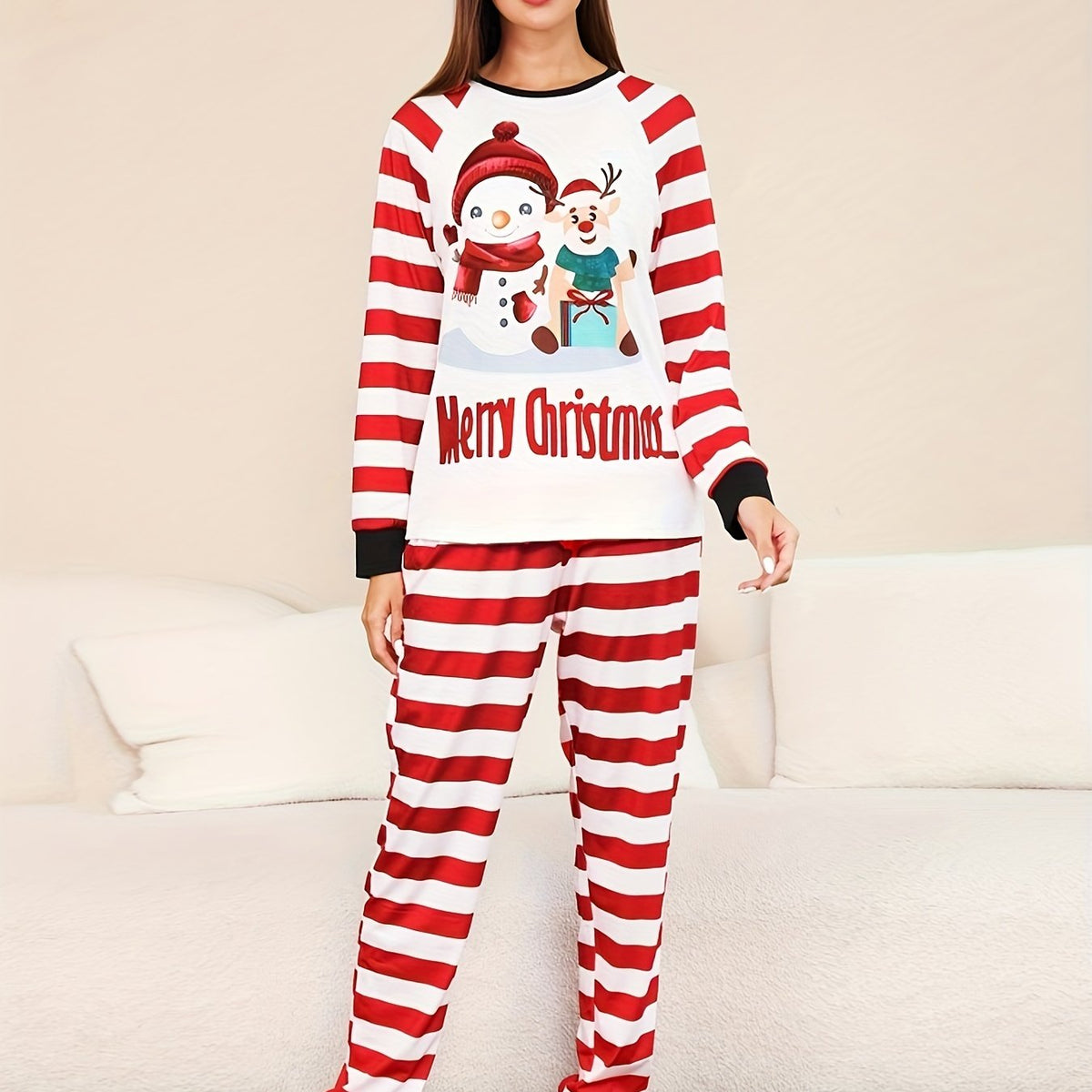 Christmas Print Pajama Set Long Sleeve Crew Neck Top & Striped Pants