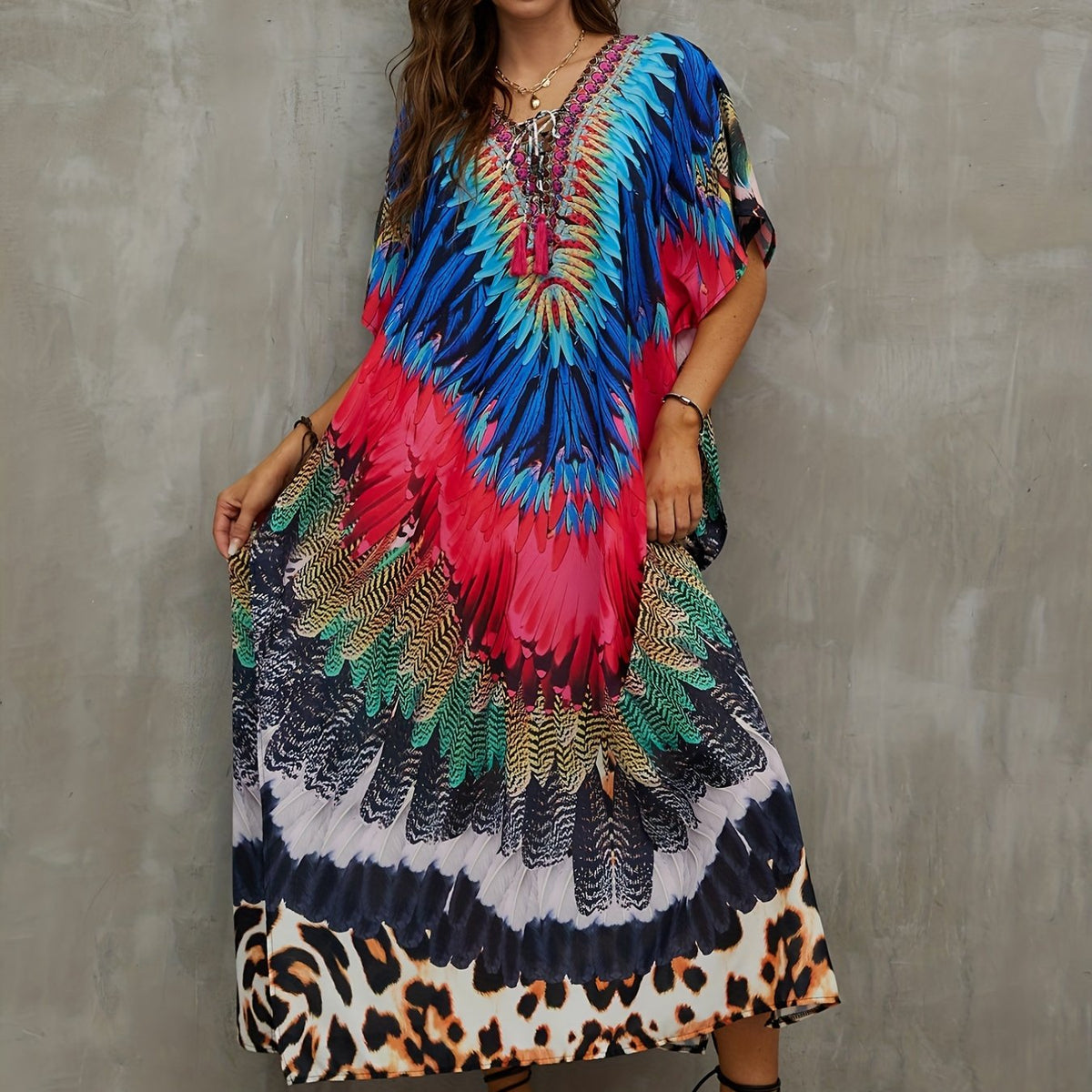 Feather Leopard Print Plus Size Boho Cover Up V Neck Tie Front