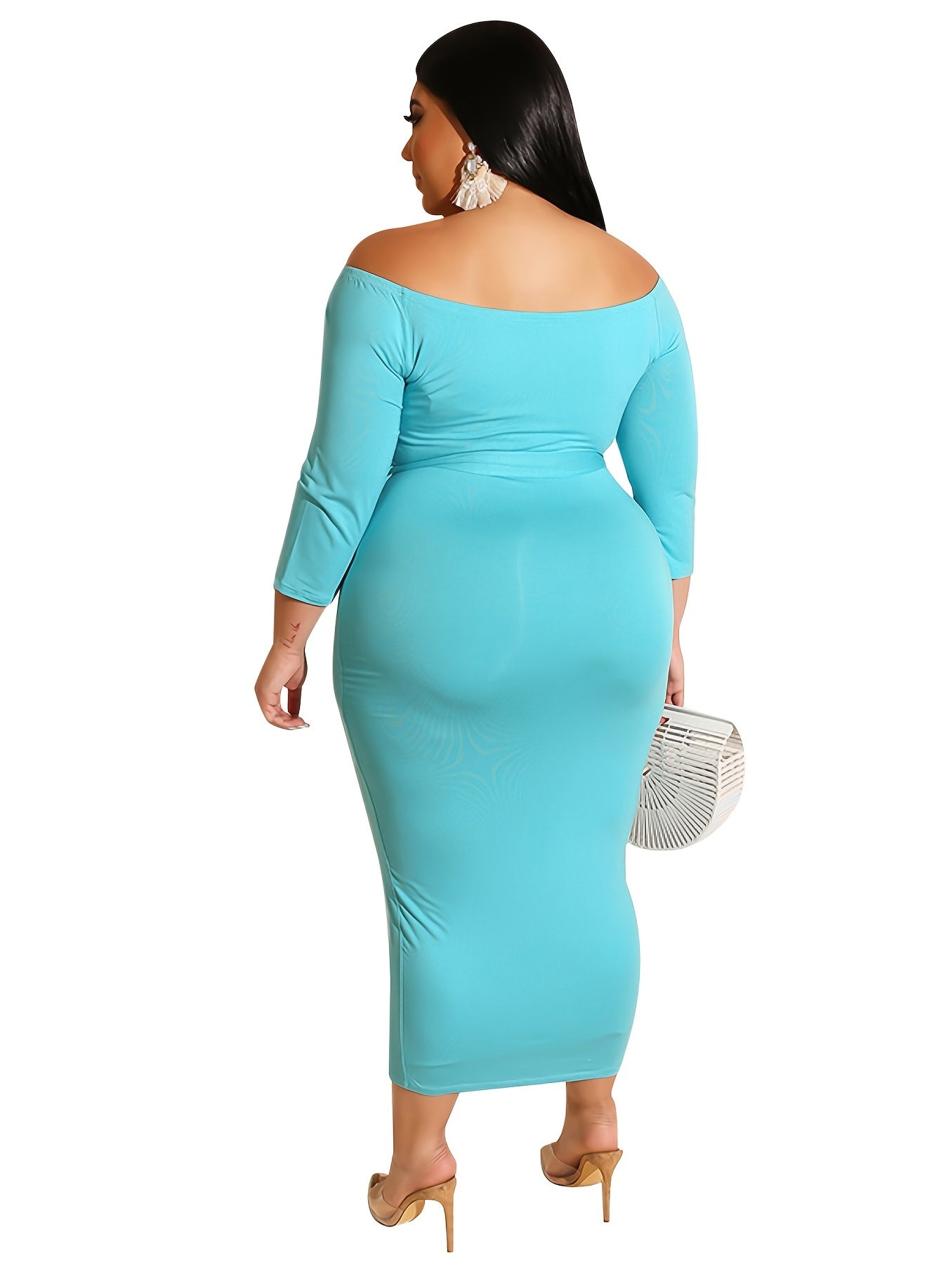 Solid Off Shoulder Long Sleeve Maxi Dress Women's Plus High Stretch