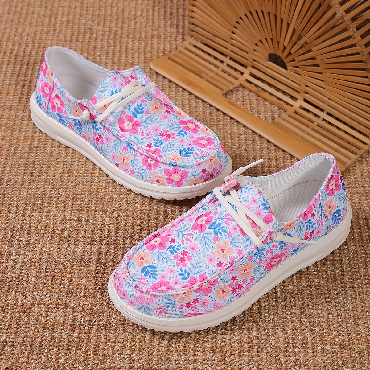 Floral Print Canvas Lace Up Sneakers Lightweight Low Top Shoes
