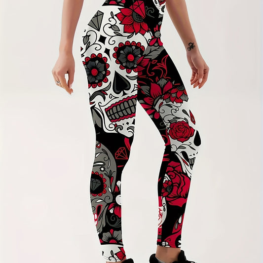  Halloween Leggings Women's Skull & Floral Print High Rise