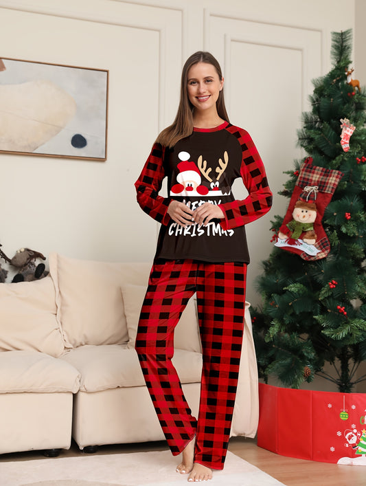 Christmas Pajama Set Long Sleeve Top & Plaid Pants Women's Sleepwear