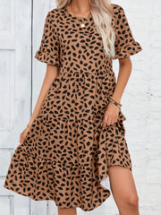 Printed Ruffle Trim Dress Casual Ruched Short Sleeve Dress