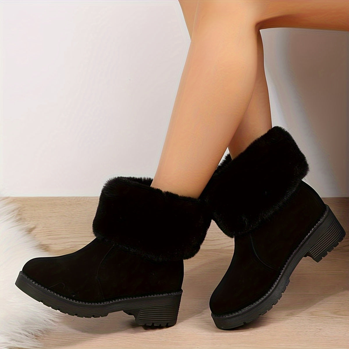 Chunky Heels Snow Boots Non Slip Plush Lined Furry Slip On Snow Shoes