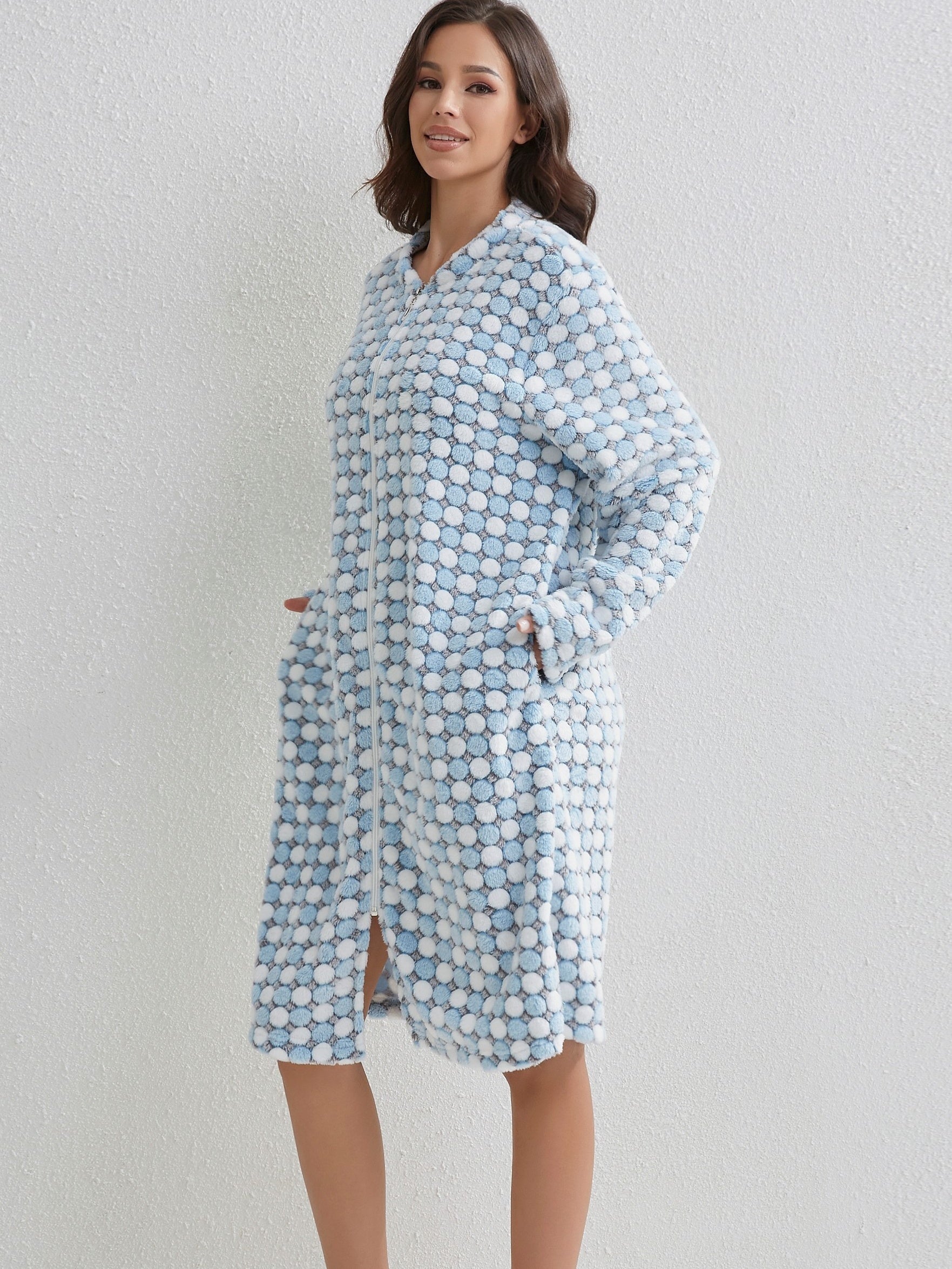 Polka Dot Flannel Night Robe Casual Zipper Sleepwear