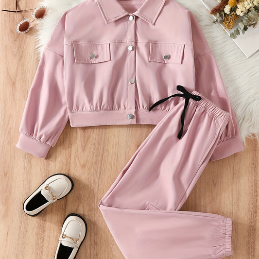 Girl's Button Front Coat & Pants Set Solid Top Outfits Kids Clothes