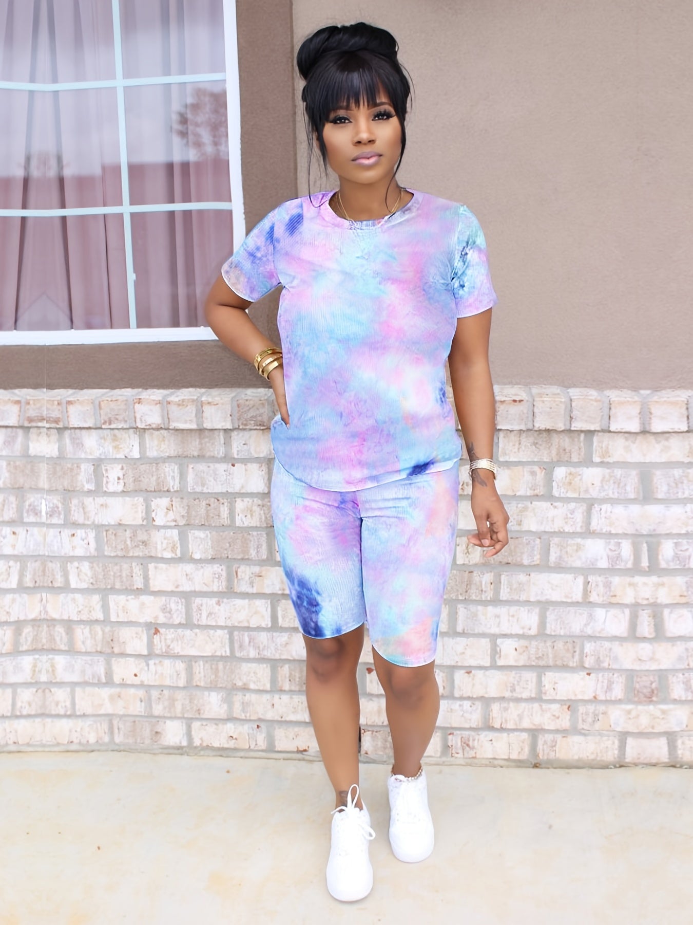 Women's Tie Dye 2 Pc Set Short Sleeve T shirt & High Waist