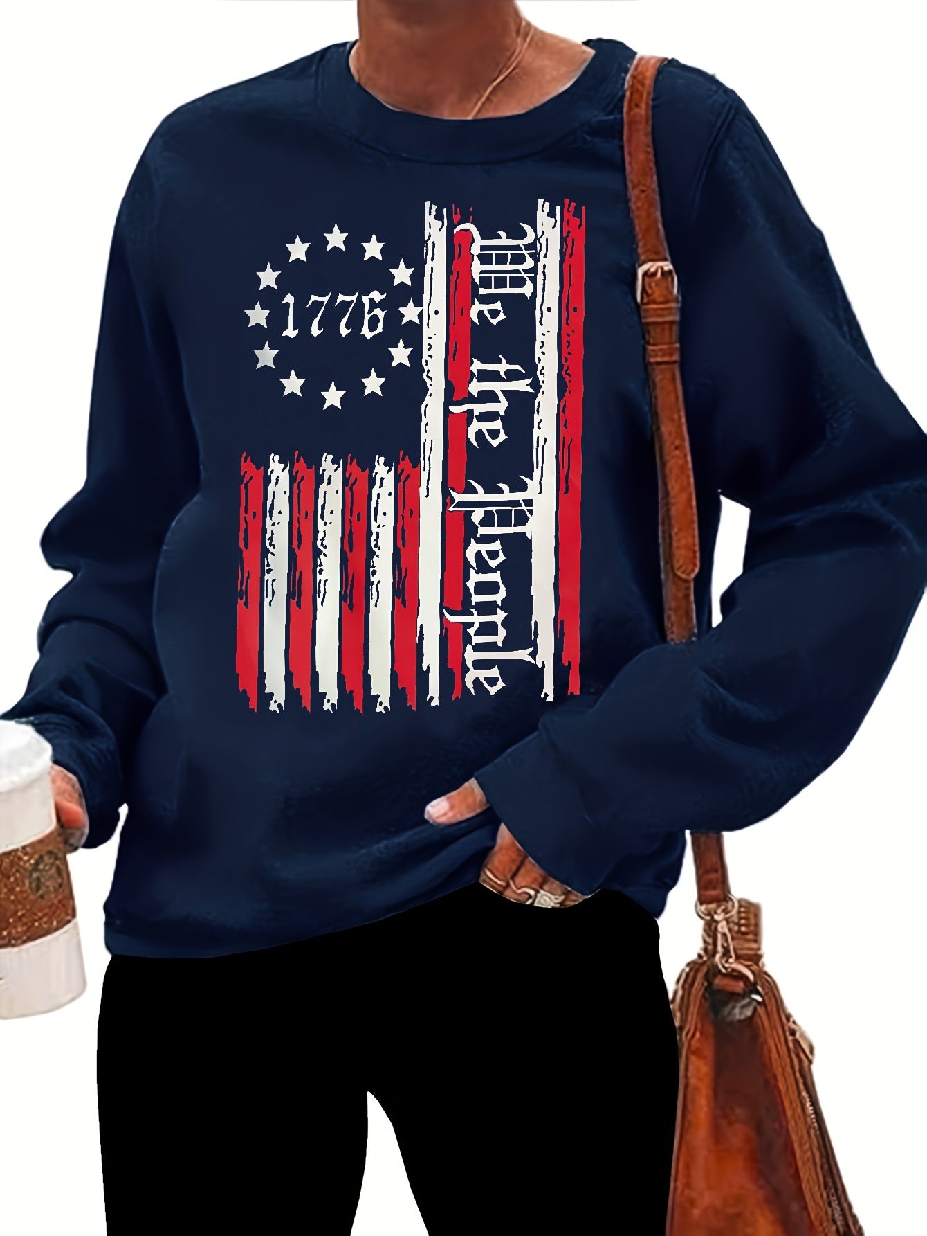  Flag Print Long Sleeve Round Neck Pullover Top