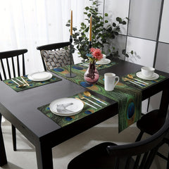 13x72 Inch Green Peacock Feather Linen Table Runner for Dining Room