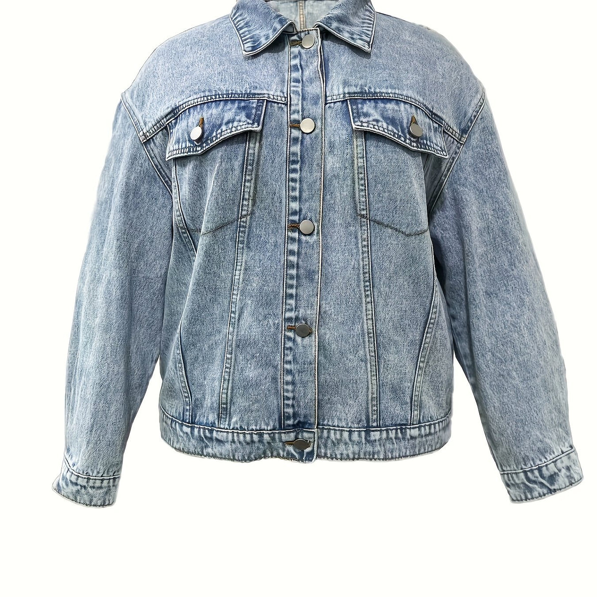  Solid Button Long Sleeve Denim Jacket