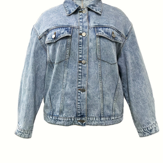  Solid Button Long Sleeve Denim Jacket